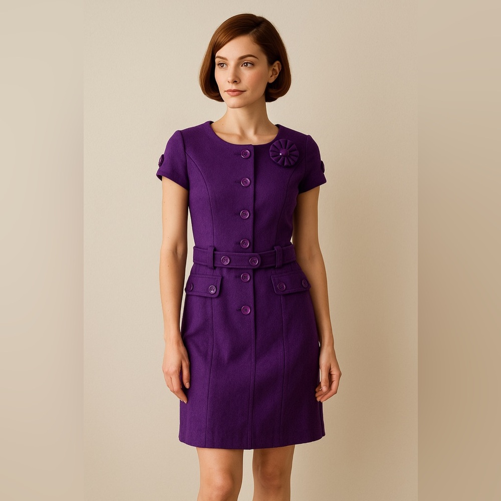 Cece’s New York Purple Wool Blend Belted Dress Size 8 Retro Mod Style